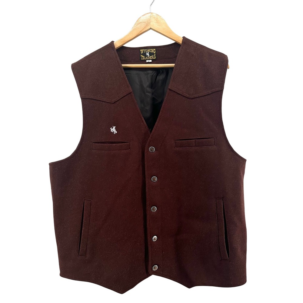 Wyoming Traders Mens XL 100% Virgin Wool Western Vest Brown Bronco Logo